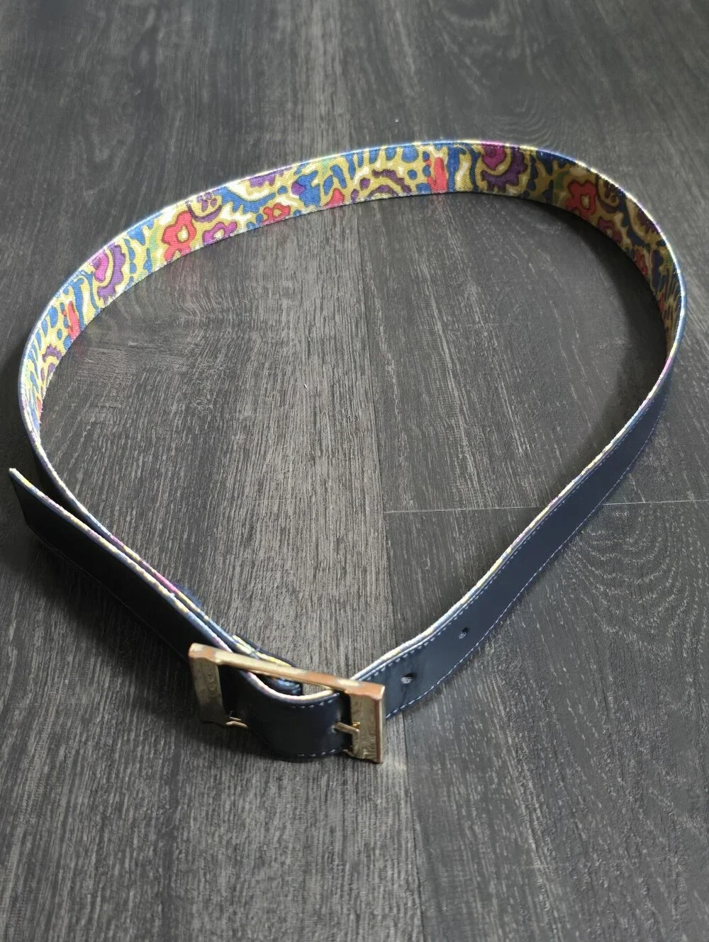 Reversible Belt Navy Leather Abstract Floral Print Gold Buckle Vintage 1